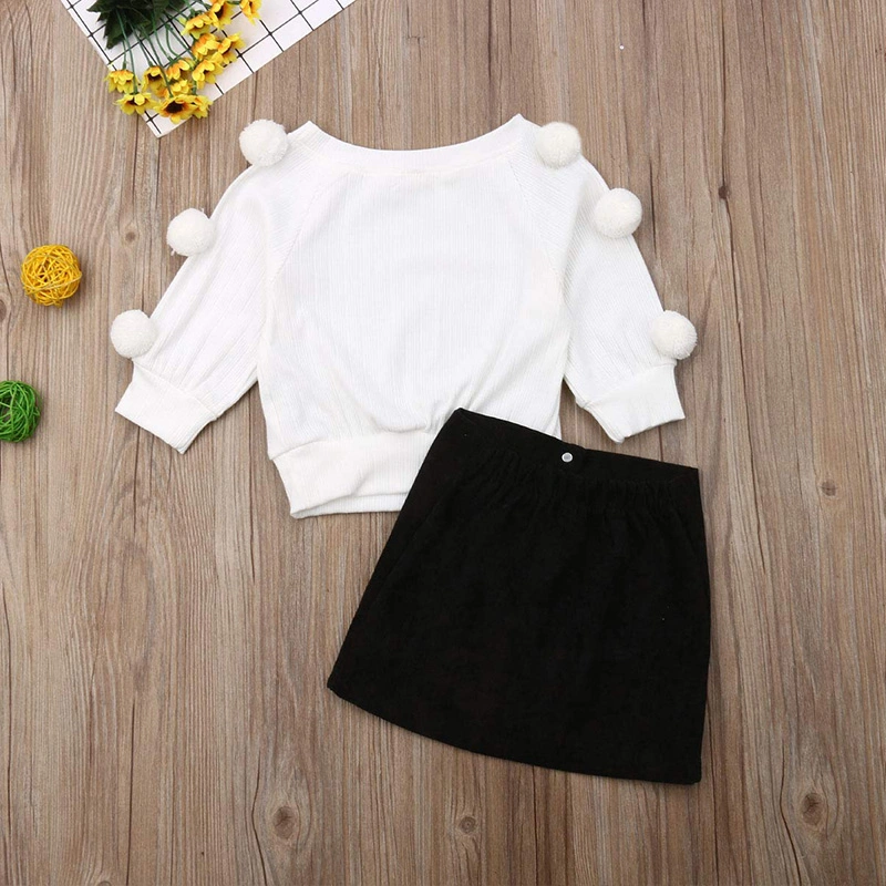 ABC Kids Kids Toddler Baby Girl Fall Winter Outfit Long Sleeve Pompom Knitted Shirt Sweater Top Button Skirt 2PCS Clothes Set